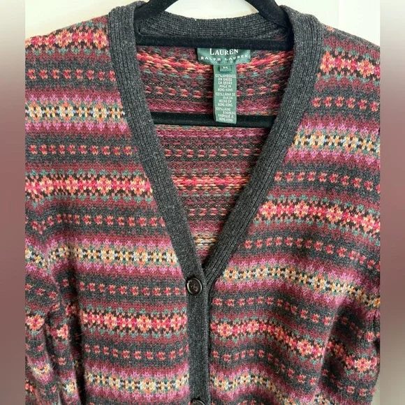 Lauren Ralph Lauren Wool Cardigan Sweater Car Coat Vintage Y2K Fair Isle Country